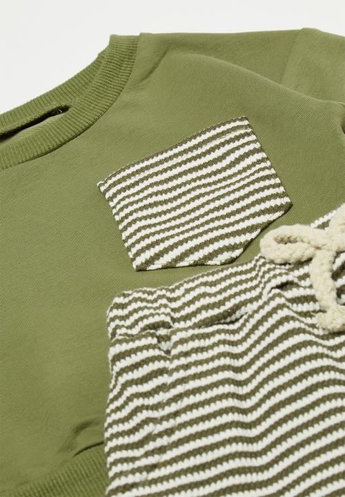 Pop Candy - Contrast pocket sweater with joggers - green/green stripe