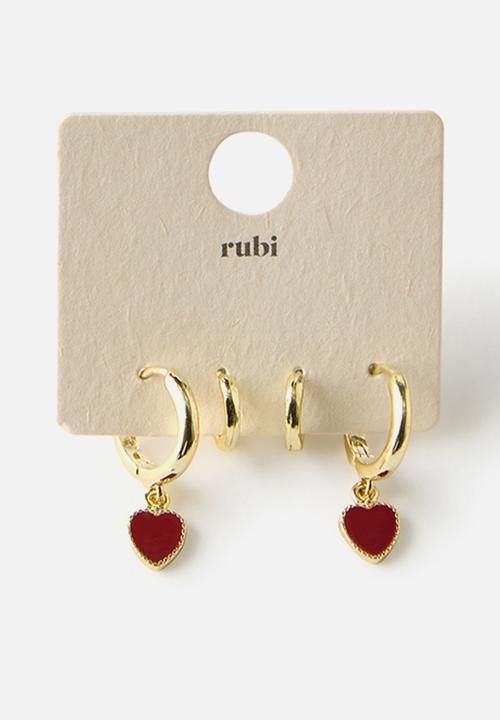 Rubi - Enamel hearts mid earring - gold red