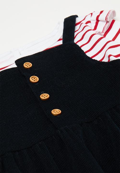 Pop Candy - Corduroy dungaree dress with tee - dark navy/red stripe