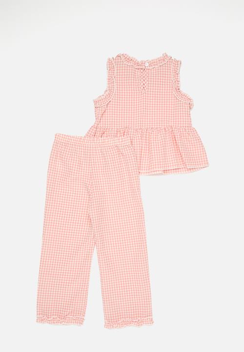 Pop Candy - Sleeveless peplum tee & wide leg pants set - pink/gingham