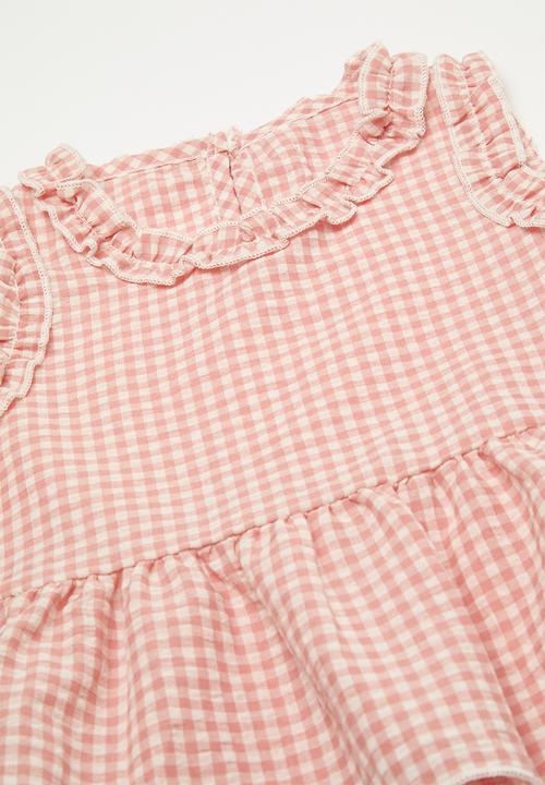 Pop Candy - Sleeveless peplum tee & wide leg pants set - pink/gingham