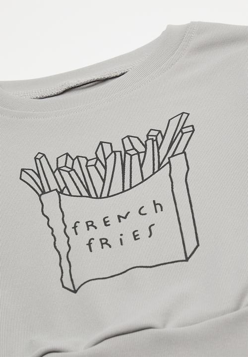 Pop Candy - French fries placement print sweater with leggings - grey/stripe
