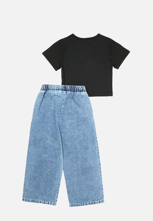 Pop Candy - Cropped tee with  bow applique jeans - black/blue