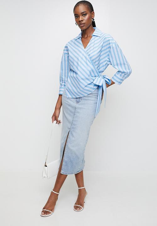 Steve Madden - Ladies riri oversized wrap shirt with tie - blue + white