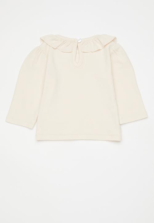 Pop Candy - Long sleeve tee with neckline frill - off white
