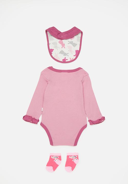 Pop Candy - Bunny graphic and slogan bodysuit with bib and socks - pink multi