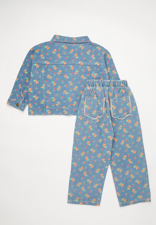 Pop Candy - Floral denim jacket with matching jeans - distressed blue/multi