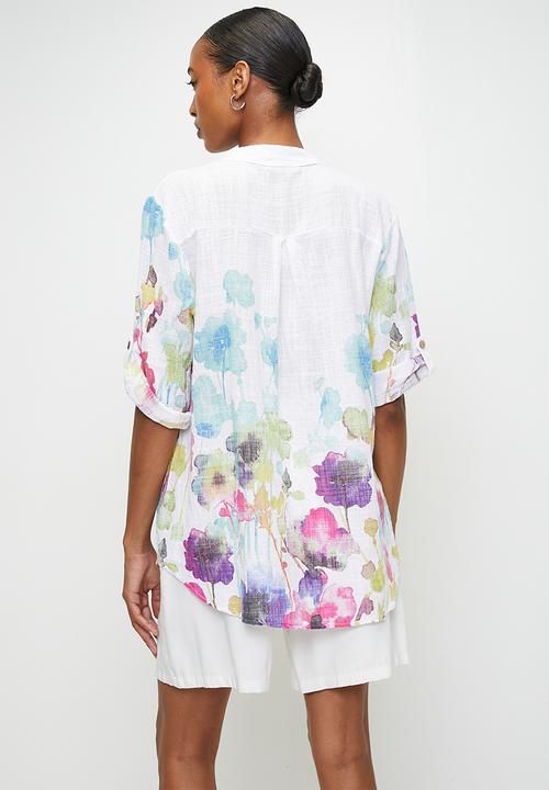 Izabel London - Italian Made Half Sleeve Half Placket Scoop Hem Blouse - White