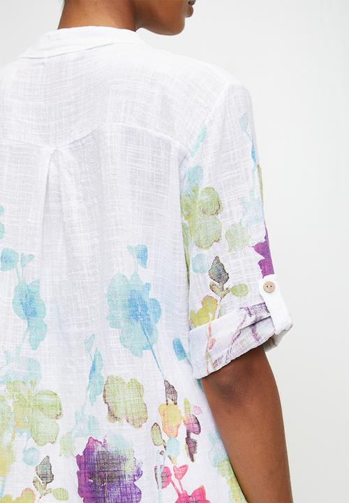 Izabel London - Italian Made Half Sleeve Half Placket Scoop Hem Blouse - White
