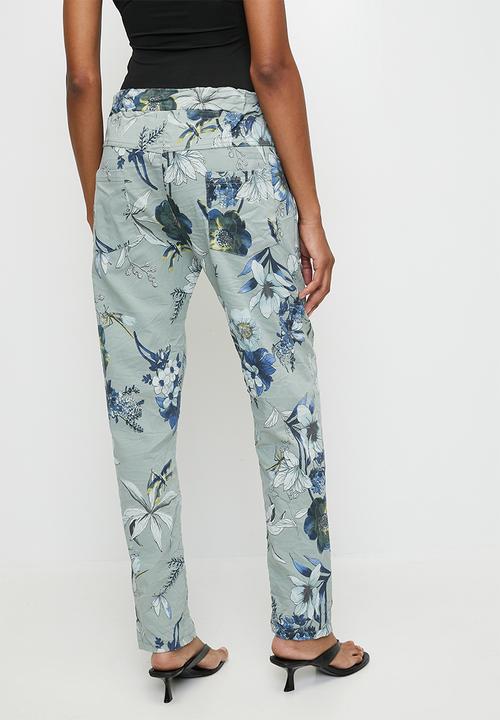 Izabel London - Italian Made Creased Printed Slimfit Jogger With Drawcord - Sage