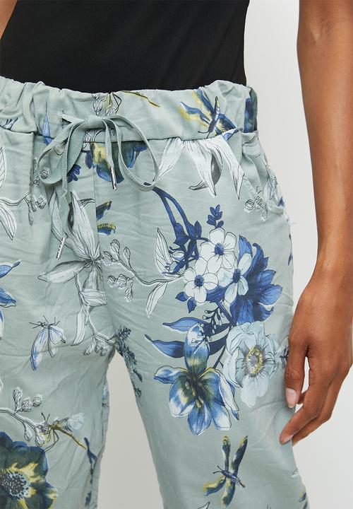 Izabel London - Italian Made Creased Printed Slimfit Jogger With Drawcord - Sage