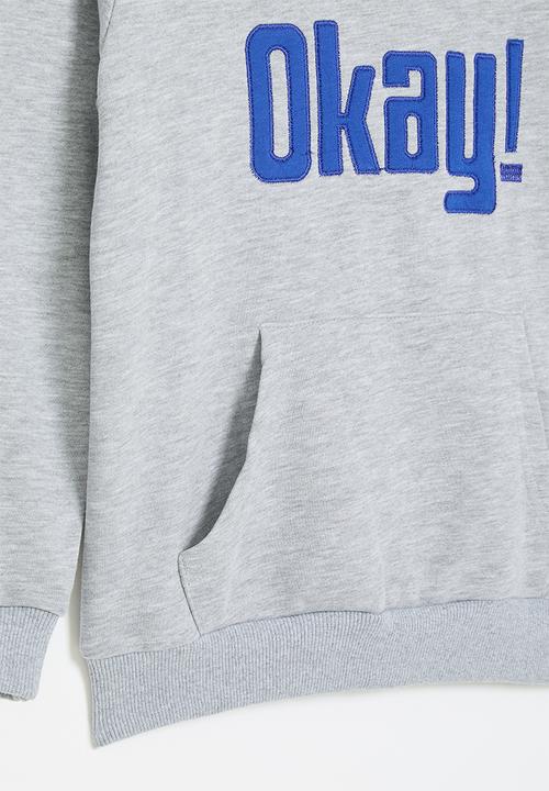 Pop Candy - Kangaroo pocket sweatshirt with embroidered slogan - grey/blue/okay