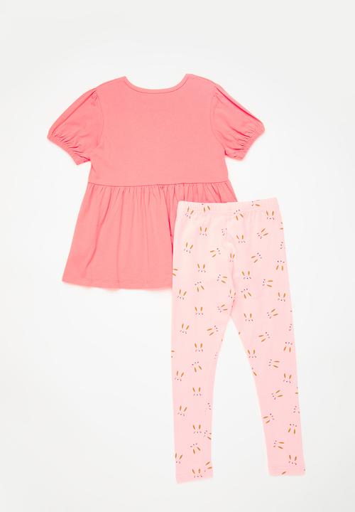 Pop Candy - Bunny face tee peplum tee with printed leggings - pink