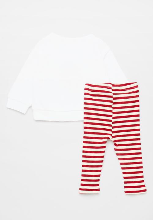 Pop Candy - Strawberry embroidered sweater with leggings - white/red stripes