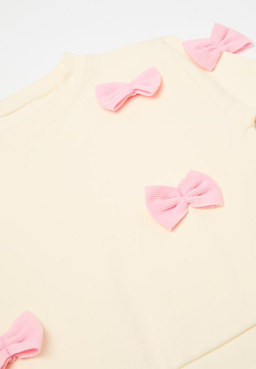 Pop Candy - Bow applique sweater with flared leggings - cream/pink