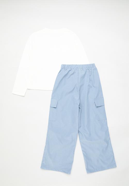 Pop Candy - Long sleeve tee & cargo pants set - white/blue/bow