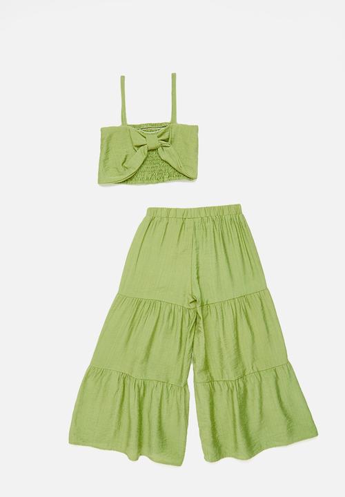 Pop Candy - Bow detail & tiered wide leg pants set - green