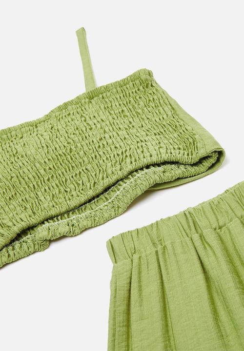 Pop Candy - Bow detail & tiered wide leg pants set - green