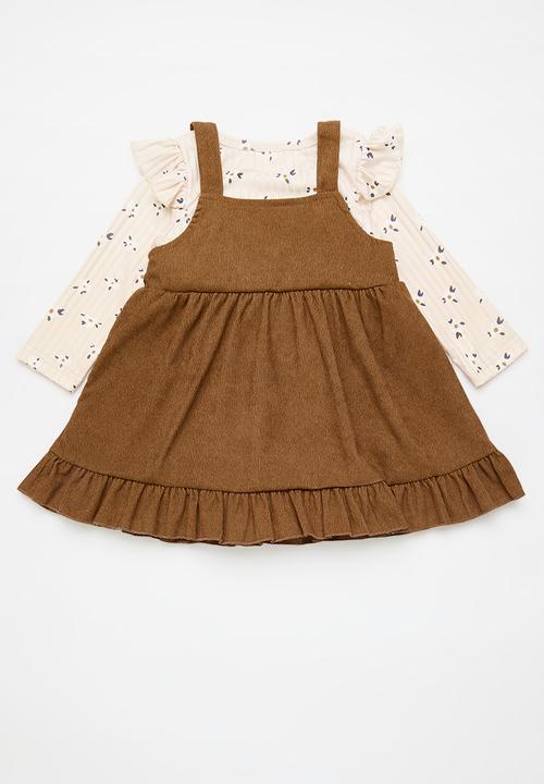Pop Candy - Rib boydsuit with dungaree dress - cream/brown