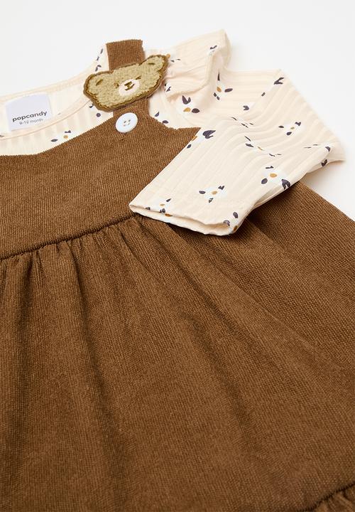 Pop Candy - Rib boydsuit with dungaree dress - cream/brown