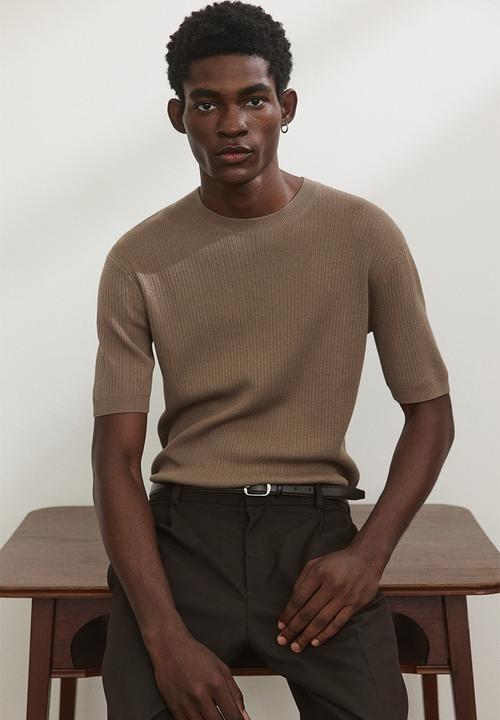 H&M - Slim fit rib-knit T-shirt - beige