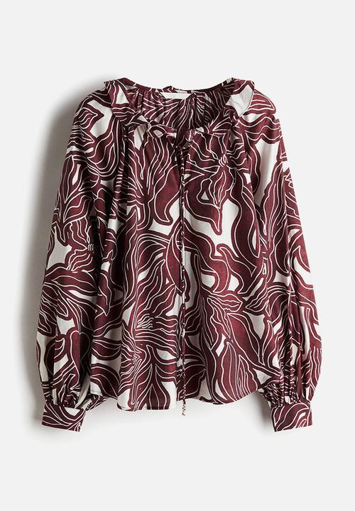 H&M - Frill-collar blouse - dark red/patterned