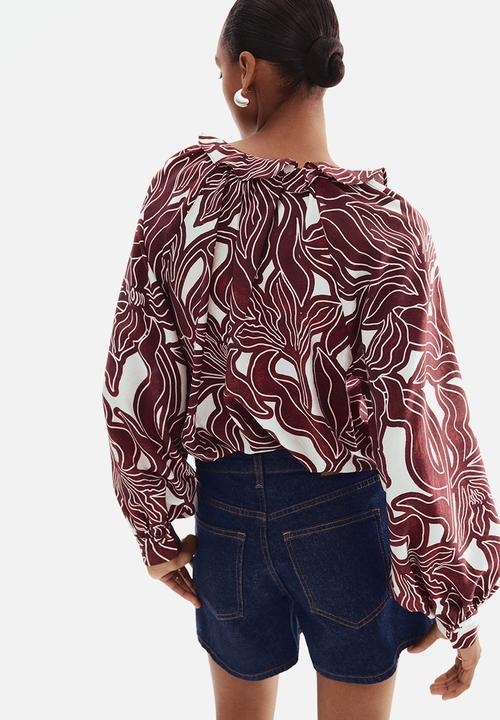 H&M - Frill-collar blouse - dark red/patterned