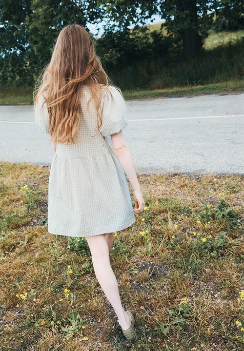 H&M - Tie-front cotton dress - light khaki green/checked 