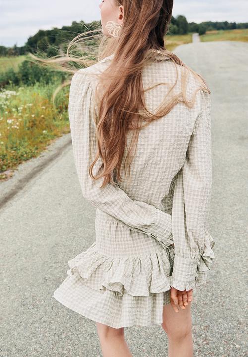 H&M - Tiered drawstring skirt - light khaki green checked