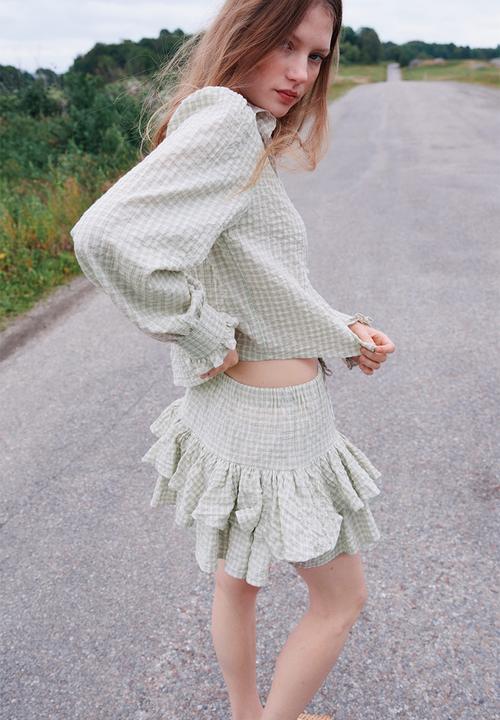 H&M - Tiered drawstring skirt - light khaki green checked
