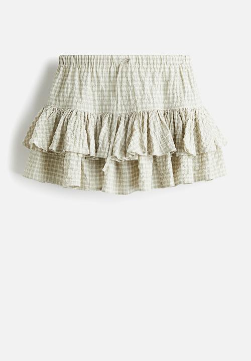 H&M - Tiered drawstring skirt - light khaki green checked