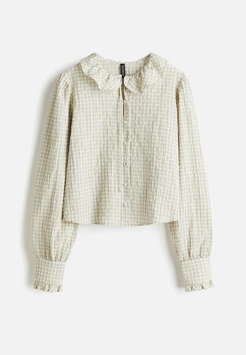 H&M - Frill-collared blouse - light beige checked