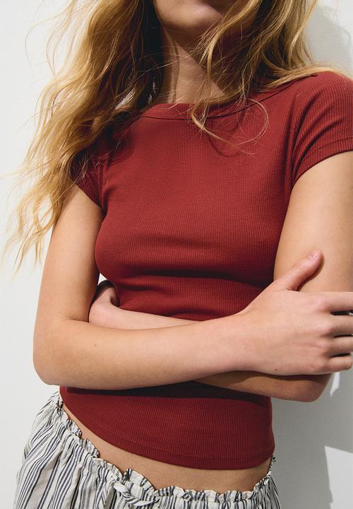H&M - Ribbed boat-neck top -  rust red