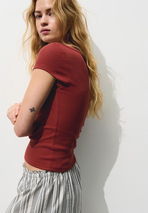 H&M - Ribbed boat-neck top -  rust red
