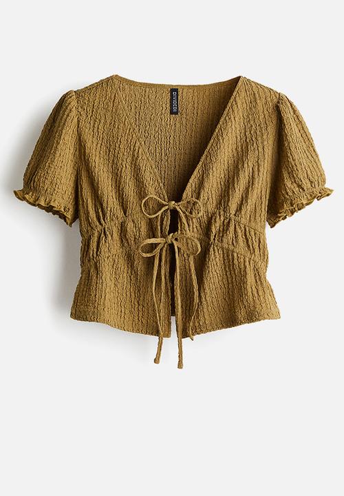H&M - Crinkled tie-front top - golden olive