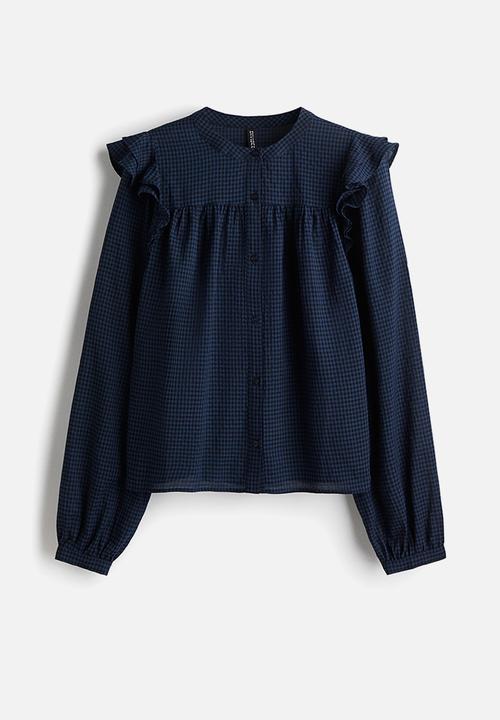 H&M - Flounce-detail blouse - dark blue & gingham check