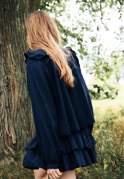 H&M - Flounce-detail blouse - dark blue & gingham check
