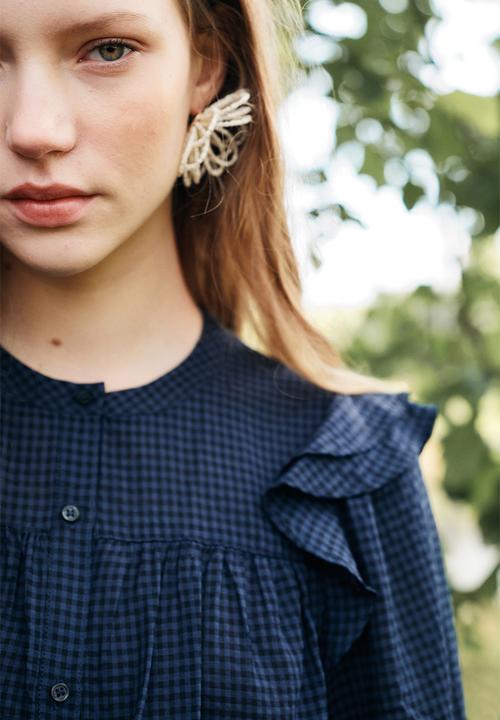 H&M - Flounce-detail blouse - dark blue & gingham check