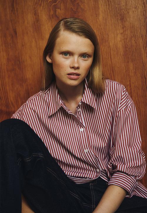 H&M - Oversized poplin shirt - burgundy/white striped
