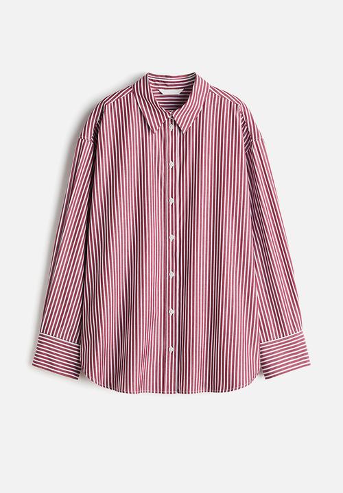 H&M - Oversized poplin shirt - burgundy/white striped