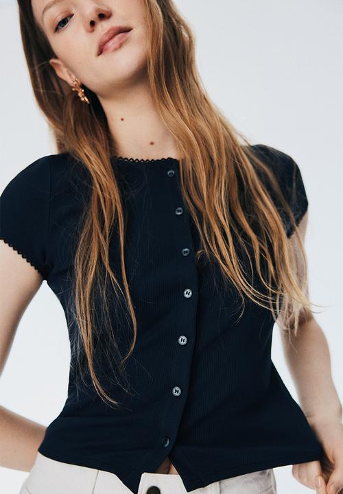 H&M - Ribbed button-front top - navy blue