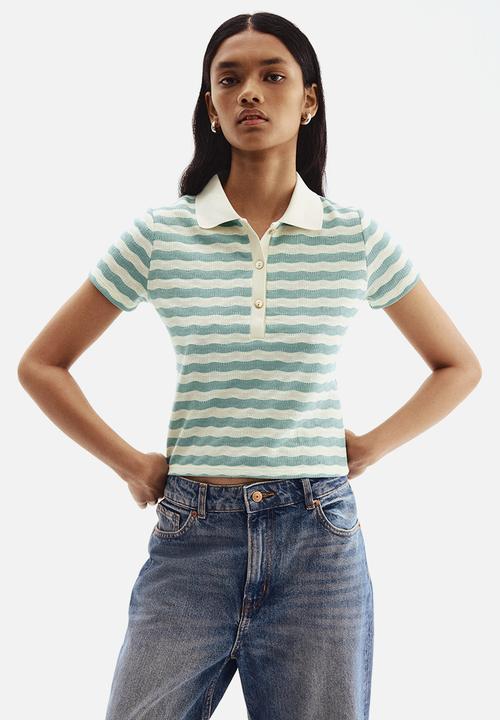 Textured-knit polo shirt - cream & turquoise striped