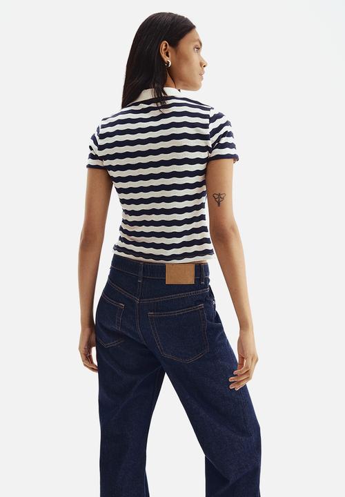 H&M - Textured-knit polo shirt - white & dark blue striped