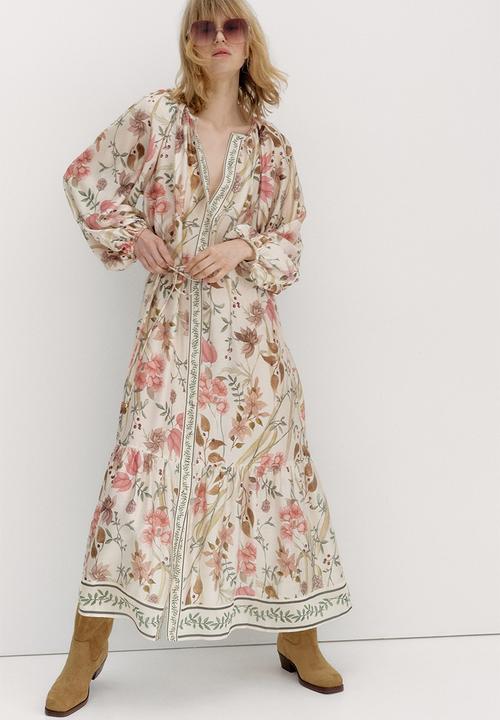 H&M - Oversized tie-belt dress - cream/floral 