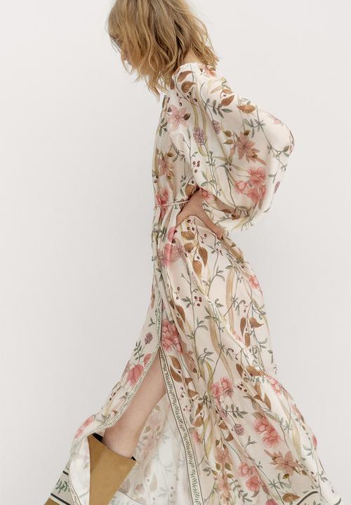 H&M - Oversized tie-belt dress - cream/floral 
