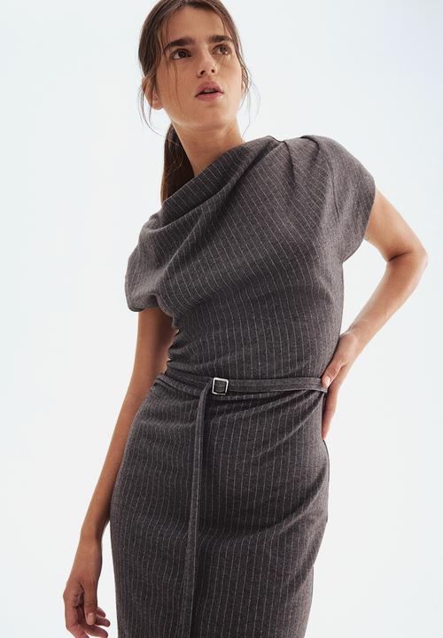 H&M - Draped belted dress - dark grey pinstriped