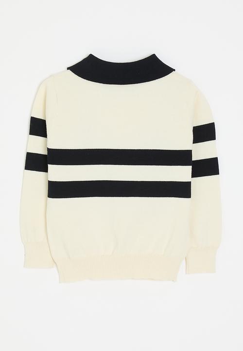 Pop Candy - Embroidered bear collared sweater - cream/black
