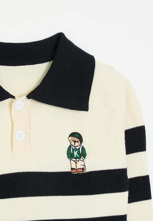 Pop Candy - Embroidered bear collared sweater - cream/black