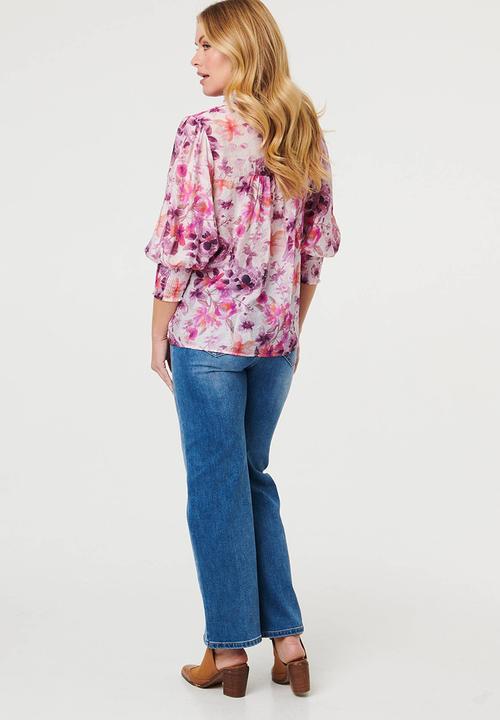 Izabel London - L/slve Sheer Button Through with Lace Detail - Multi Pink
