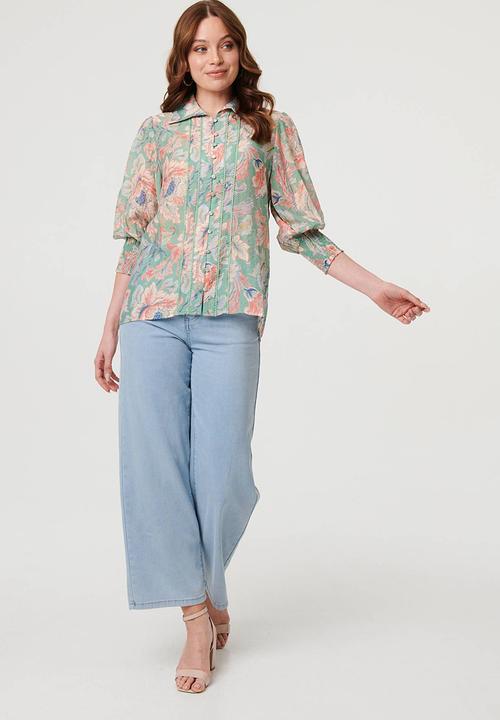Izabel London - L/slve Sheer Button Through with Lace Detail - Avocado